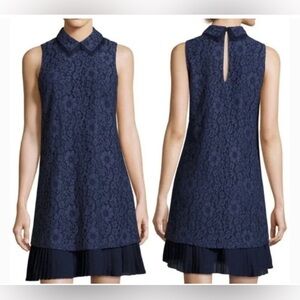 Nanette Lepore Navy Blue Lace Collared Pleated Flounce Hem Shift Dress 6 EUC